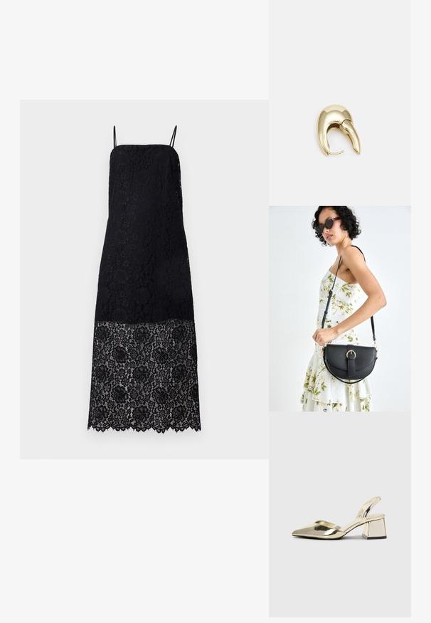 Schwarzes Spitzenkleid mit Spaghetti-Trägern, das mit filigranen Blumenmustern verziert ist. Der Saum ist gewellt und fügt dem Stoffdesign Detail hinzu.; Goldene, metallische Slingback-Absätze mit spitzem Zeh und dicker Ferse. Glatte Textur, minimalistisches Design und ein schmaler Riemen.; Schwarze Lederhandtasche mit geschwungener Form, abnehmbarem Tragegurt und goldenen Beschlägen. Die Tasche verfügt über einen Deckel mit einer Schnallen-Details.; Ohrringe aus goldfarbenem Metall mit einem schlanken, geschwungenen Design. Sie verfügen über eine markante, spitze Form, eine polierte Oberfläche und einen Scharnierverschluss.