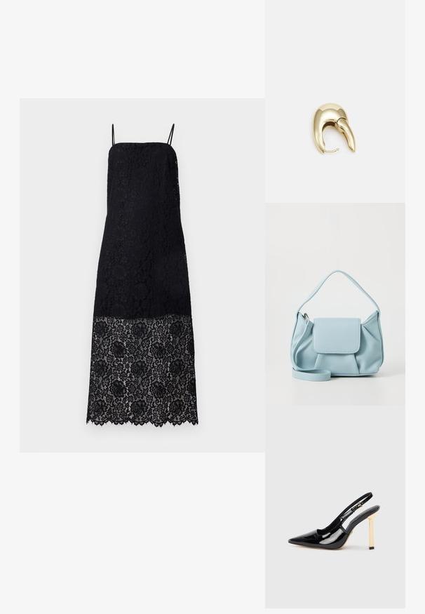 Czarna koronkowa sukienka na cienkich ramiączkach, z misternymi kwiatowymi wzorami. Doły są falowane, co dodaje szczegółów do projektu materiału.; Czarne patentowe skórzane buty na obcasie typu slingback z wydłużonym noskiem i złotym kwadratowym akcentem na obcasie. Posiada regulowany pasek w okolicy kostki.; Jasnoniebieska skórzana torebka na ramię z górnym uchwytem, przednią kieszenią na klapkę oraz odczepianym paskiem na nadgarstek na białym tle.; Złote metalowe kolczyki o eleganckim, zakrzywionym kształcie. Posiadają charakterystyczny szpiczasty kształt, polerowaną powierzchnię oraz zapięcie na zawias.