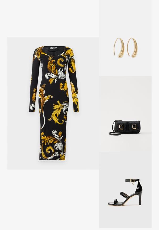Versace Jeans Couture Trikotāžas kleita - black/gold; Melnas lakota ādas sandalēs ar trim siksnām, potītes sprādzi un 4 collu stiletto papēdi. Iespējas ar zelta detaļām un logotipa piekariņu.; Melnas ādas crossbody soma ar divām priekšējām kabatām, zelta sprādzēm, ar rāvējslēdzēju aizdari un šauru siksnu. Strukturēta virsma un kompakta taisnstūra forma.; Zelta toņu metāla gredzena auskari ar izliektu, pagarinātu formu. Ar gludu, spīdīgu virsma un noapaļotu galu papildu detaļām.