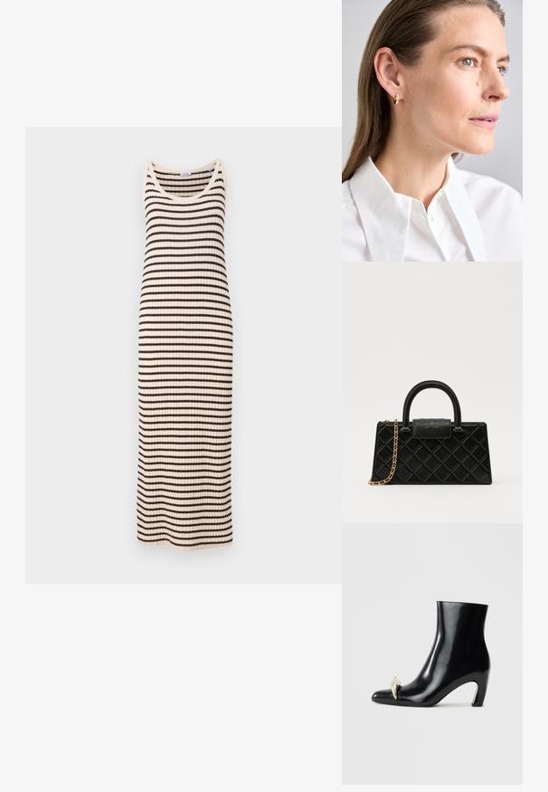 ASPESI Vestito casual - multi coloured; Stivale nero alla caviglia in pelle lucida, con punta affusolata e un accento decorativo in oro e argento nella parte anteriore. Design con tacco a blocco.; Borsetta nera realizzata in pelle texturizzata, con un motivo a diamante, una tracolla in metallo dorato e un manico superiore con chiusura a pattina con logo in rilievo.; Orecchino a cerchio in oro con una piccola gemma decorativa. Indossato da un modello con capelli lisci, abbinato a una camicia bianca con colletto.