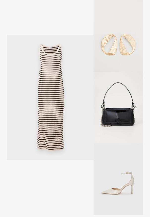 ASPESI Denné šaty - multi coloured; Biele kožené topánky na vysokom podpätku s špicatou špičkou, remienkom okolo členka a štíhlym stiletto podpätkom. Hladký povrch s jemným lesklým povrchom.; Čierna laková kožená kabelka s obdĺžnikovým tvarom, reťazovým popruhom a výrazným hardvérovým prvkom v strede. Hladká textúra.; Pár nepravidelných oválnych zlatistých kovových náušníc s textúrovaným, mierne rozbitým povrchom na bielom pozadí.