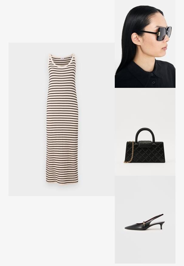 ASPESI Jurk - multi coloured; Zwarte leren slingback hakken met een spitse neus, dunne hak en een gouden accent bij de enkelband. Gladde textuur en eenvoudig ontwerp.; Tory Burch Zonnebril - black/dark grey; Zwarte handtas van gestructureerd leer, met een diamanten patroon, een kettinghengsel in goudkleur, en een bovenhandvat met een logo-gegraveerde flapsluiting.