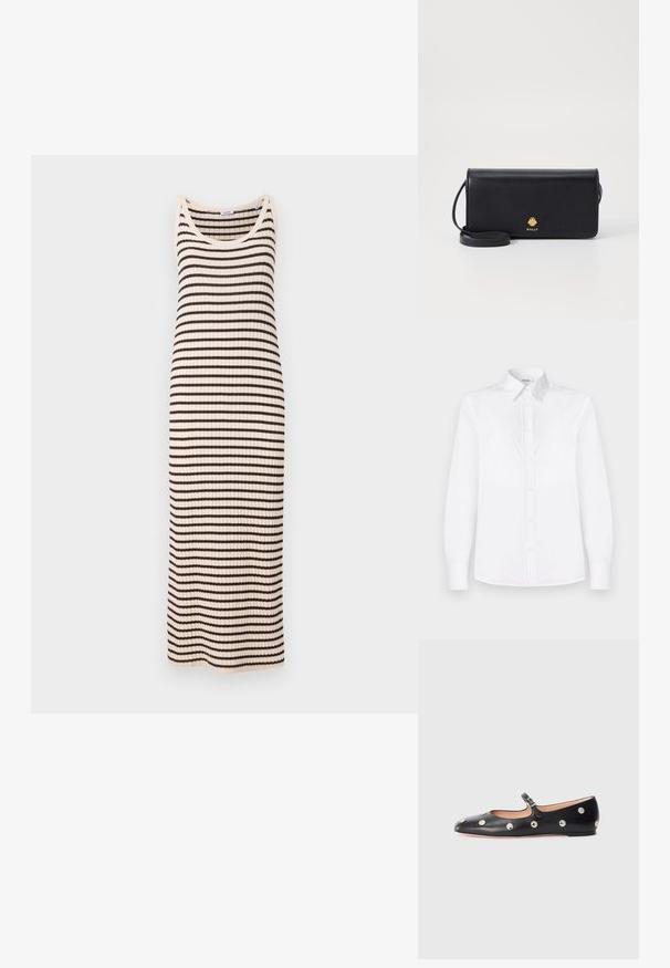 ASPESI Jurk - multi coloured; Witte lange mouwen shirt van soepel stof, met een kraaglijn en een knoopsluiting met lichtroze knopen.; Zwarte leren Mary Jane ballerina met een ronde neus, voorzien van zilveren ronde studs en een verstelbaar bandje met een gesp.; Zwarte leren portemonnee met een slank rechthoekig formaat, voorzien van een gouden logo. Inclusief een afneembare schouderband voor draaggemak.