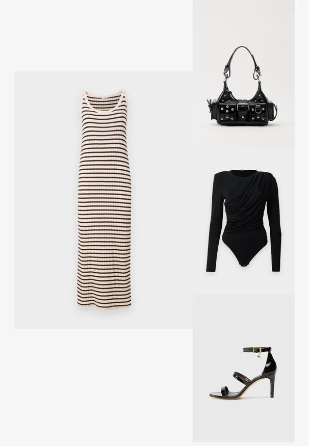 ASPESI Day dress - multi coloured; Black long-sleeve bodysuit with asymmetrical ruched draping across the front and snap fasteners at the crotch.; Black patent leather sandal with three straps, ankle buckle, and 4-inch stiletto heel. Features gold hardware detail and logo charm.; Black leather handbag with a curved design, featuring silver studs, a buckle, and two side pockets. Adjustable strap for carrying options.