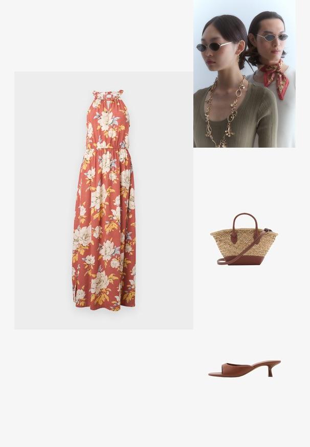 Maxi šaty v hrdzavej farbe s bielou a žltou kvetinovou potlačou. Majú halter výstrih s volánmi a elastický pás pre pohodlné nosenie.; Hnedé sandále na vysokom opätku s otvorenou špičkou, s hladkým, matným povrchom, so zakriveným dizajnom a priehľadným, zužujúcim sa opätkom.; Okulé s tmavými šošovkami a tenkým strieborným rámom. Jeden človek nosí zlatý náhrdelník, zatiaľ čo druhý má červený šatku s vzorom.; Tkaný košík z prútia so hnedými koženými akcentmi, dvoma rúčkami a odnímateľným popruhom. Zakrivený tvar s pevným dnom.