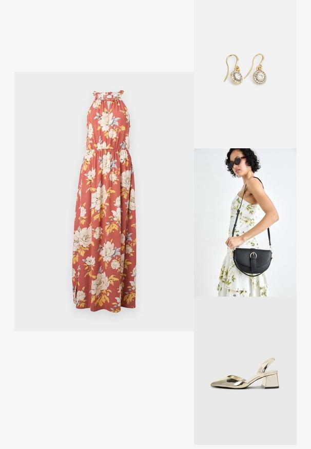 Maxi sukienka w kolorze rdzy z białym i żółtym kwiatowym wzorem. Posiada dekolt na halter z falbanami oraz elastyczny pas dla lepszego dopasowania.; Złote, metaliczne szpilki z boku z wydłużonym noskiem i grubym obcasem. Gładka faktura, minimalistyczny design i wąski pasek.; Czarna skórzana torebka o zakrzywionym kształcie, z odpinanym paskiem i złotymi akcentami. Torebka posiada klapę z zapięciem w kształcie klamry.; Złote kolczyki z owalnymi przezroczystymi kryształami otoczonymi mniejszymi przezroczystymi kamieniami, z zapięciem w formie haka zapewniającym bezpieczne noszenie.