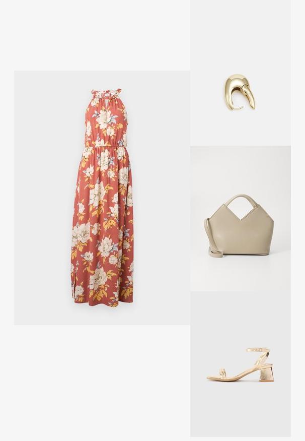 Maxikjol i rost med vit och gul blommönster. Har en halterneck-krage med volangkant och ett elastiskt midjeband för en bra passform.; Guldmetalliska klacksandaler med en kantig blockklack, två remmar över foten och en justerbar vristrem. Slät textur.; Beige strukturerad handväska med V-formad topp, slät lädermaterial, korta handtag och en lång justerbar rem. Minimalistisk design.; Örhänge i guldtonad metall med en elegant, böjd design. Har en distinkt spetsig form, polerad yta och gångjärnslås.