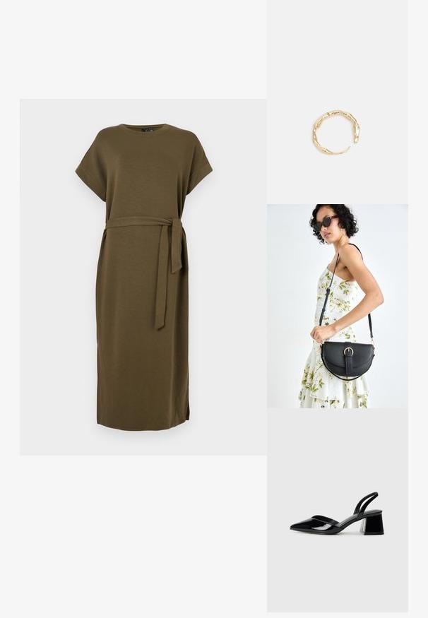 Alyvuogių žalios, iki kelių ilgio suknelė, pagaminta iš minkštos medžiagos, su trumpomis rankovėmis ir audinio diržu ties liemeniu. Suknelėje yra šoninės įpjovos, užtikrinančios judėjimo laisvę.; Juodos lakuotos odinės šlepetės su smailiu pirštu ir geometriniu bloko kulnu. Turi elegantišką, minimalistinį dizainą ir lygų paviršių.; Juodas odinis krepšys su išlenkta forma, nuimamu dirželiu ir auksiniais detalėmis. Krepšys turi kilpą su sagtimi.; Auksinės spalvos žiedas, turintis organišką, sukimosi dizainą su lygiu paviršiumi ir siaurėjančiais galais, sukuriantis modernią skulptūrinę išvaizdą.