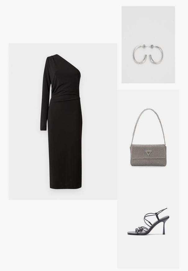 Melna poliesteru kleita ar garu piedurkni vienā pusē, asimetriska kakla izgriezuma, pieguļoša silueta un ceļgalam līdzīgas garuma apakšdaļa. Gluda tekstūra.; Melnas augstpapēžu sandales ar plāniem siksniņām un mezgla dizainu, gluda kvadrātveida purngalu un elegantu stiletto papēdi.; Gaiši pelēka metāla rokassoma ar ķēdes siksnu, rotāta ar mazām apaļām metāla kniedēm un trīsstūra zīmola logo.; Sudraba riņķveida auskari ar gludu, spīdīgu apdari. Apaļas formas, viegla dizaina, ar aizdari uz stieples.