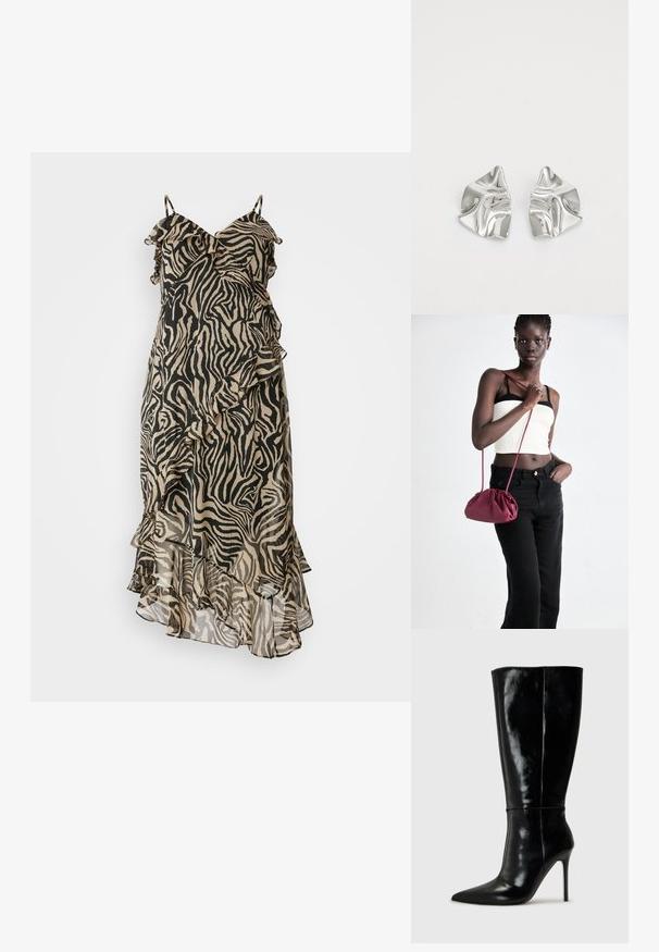 Vestido com estampa de zebra feito de tecido leve; apresenta detalhes em babados e alças de espaguete ajustáveis; cores predominantemente preta e bege.; Botas de couro pretas até ao joelho com bico fino e salto alto de agulha. Textura suave e design elegante, com detalhes mínimos.; Bolsa de tecido suave em borgonha com um design franzido e uma alça longa, usada à transversal. Modelo veste um top cropped branco e jeans pretos.; Brincos de metal prateado com um design ondulante e escultural, apresentando um acabamento polido e formas irregulares, destacando uma estética contemporânea.