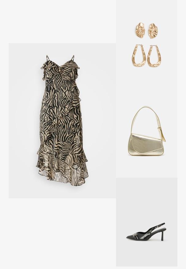Vestido com estampa de zebra feito de tecido leve; apresenta detalhes em babados e alças de espaguete ajustáveis; cores predominantemente preta e bege.; Sapato slingback preto em pele patentada com bico apontado, tiras no tornozelo apresentando fivelas e acessórios prateados, e um salto elegante.; Bolsa de mão metálica dourada com um design estruturado, textura suave e alça ajustável. Apresenta uma forma triangular única e costura minimalista.; Brincos em tom de ouro com formas onduladas e texturizadas. Inclui studs escultóricos com presilha e um design de argola aberta com um acabamento martelado.