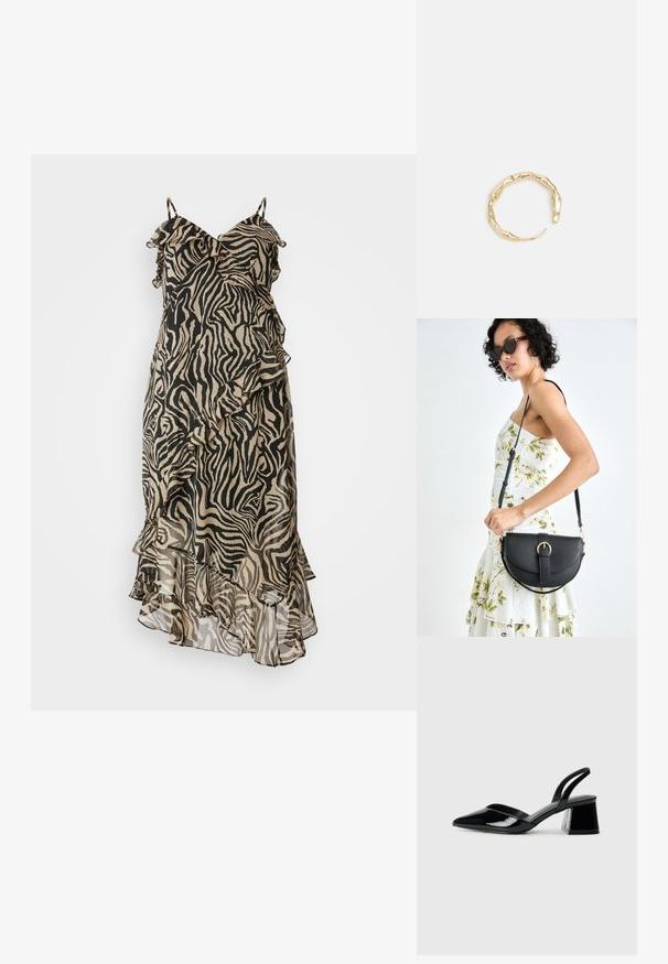 Triibuline kleit, mis on valmistatud kergest kangast; sisaldab volangakujundeid ja reguleeritavaid õlapaelu; valdavalt must ja beež värv.; Mustad musta lakknahk kingad, millel on terav varvas ja geomeetriline plokkkonts. Omab elegantselt minimalistlikku disaini ja sujuvat tekstuuri.; Mustmust mustraha kõverate joontega, eemaldatava rihmaga ja kuldsete detailidega. Kotil on klapp, millel on pandladetail.; Kuldtoonis sõrmus, millel on orgaaniline, keerdunud disain sileda tekstuuri ja kitsenevate otstega, luues kaasaegse skulptuurilise välimuse.