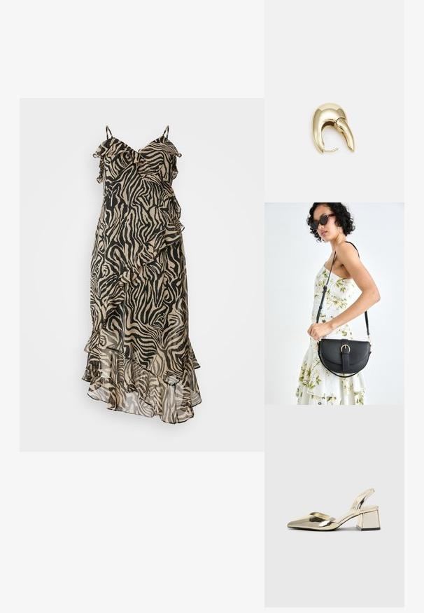 Šaty s zebrovým vzorom vyrobené z ľahkého materiálu; obsahujú volánové akcenty a nastaviteľné ramienka; prevažne čierna a béžová farba.; Zlaté kovové lodičky na podpätku so špicatou špičkou a robustným podpätkom. Hladký povrch, minimalistický dizajn a úzka remienok.; Čierna kožená kabelka s zaobleným tvarom, odnímateľným popruhom a zlatými doplnkami. Kabelka má klopu s detailom s prackou.; Náušnice z kovu v zlatej farbe s elegantným, zakriveným dizajnom. Majú charakteristický špicatý tvar, leštený povrch a uzáver na pánt.