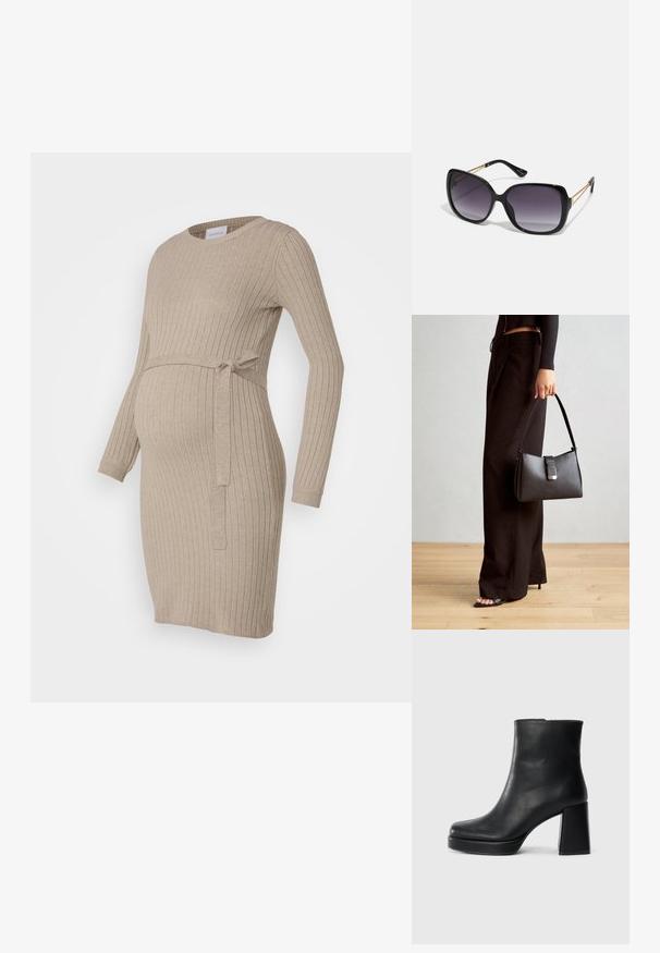 Beige bordázott kismama ruha hosszú ujjakkal, kerek nyakkivágással és derékra köthető övvel, puha textúrájú anyagból készült, testhezálló fazonnal.; Fekete bőr bokacsizma tömbsarkal és platform talppal, oldalról nézve, sima fehér háttéren.; Fekete, oversize napszemüveg fokozatos árnyalatú lencsékkel, vastag kerettel és arany színű lánc díszítéssel a szárakon.; Fekete kézi táska strukturált formával, sima textúrával és fémből készült záródással. Széles fekete nadrággal és nyitott orrú szandállal párosítva, fából készült padlón.