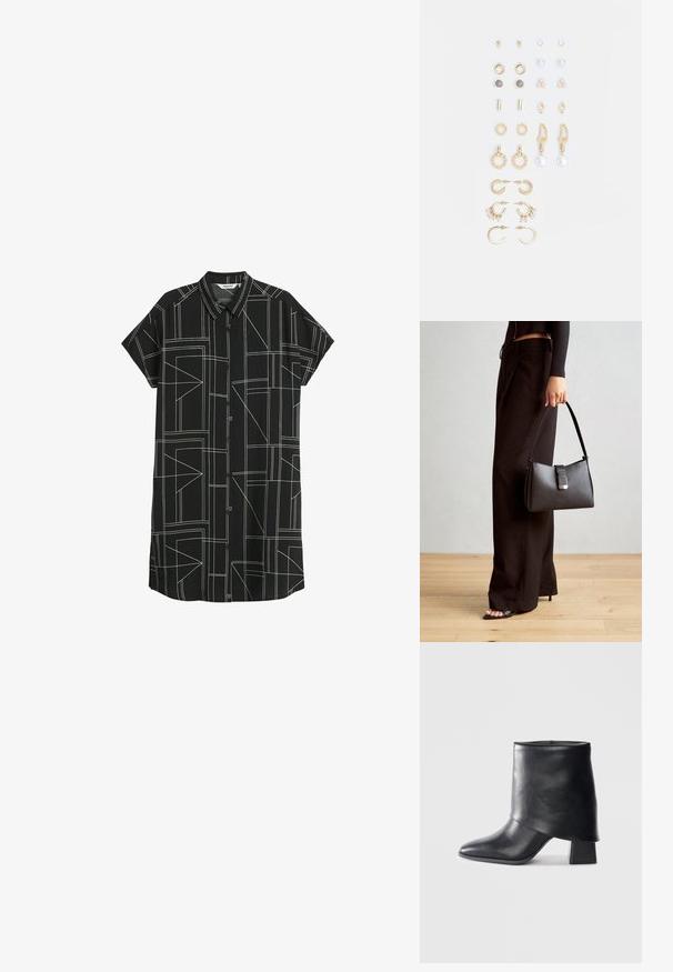 Sort kortærmet skjortekjole med knaplukning foran. Har et geometrisk mønster med hvide linjer og krave. Letvægtsstof.; Sort læder ankelstøvle med spids tå, glat tekstur og en struktureret blokhæl. Har et højt, foldet kravedesign.; Sort håndtaske med struktureret form, glat overflade og metalspænde. Sammen med brede sorte bukser og sandaler med åben tå på trægulv.; Sæt af guldfarvede øreringe med forskellige designs, herunder studs, hoops og hængende modeller med perler og rhinsten.