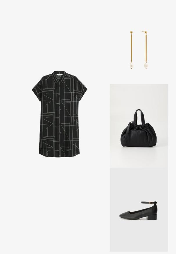 Schwarzes Kurzarmhemdkleid mit Knopfleiste. Verfügt über ein geometrisches Muster mit weißen Linien und einen Kragen. Leichter Stoff.; Schwarze Lederpumps mit spitzem Zehenbereich und niedrigem Blockabsatz. Mit einem Knöchelriemen und einer goldfarbenen Schnalle. Glatte Textur.; Schwarze Lederhandtasche mit einem gerafften Oberteil, ausgestattet mit zwei kurzen Griffen und einem langen verstellbaren Schulterriemen. Glatte Textur, runde Form.; Ohrringe in Goldfarbe mit langen Stäben und runden Perlen an den Enden. Die Stäbe sind glatt, und die Perlen haben eine glänzende Oberfläche.