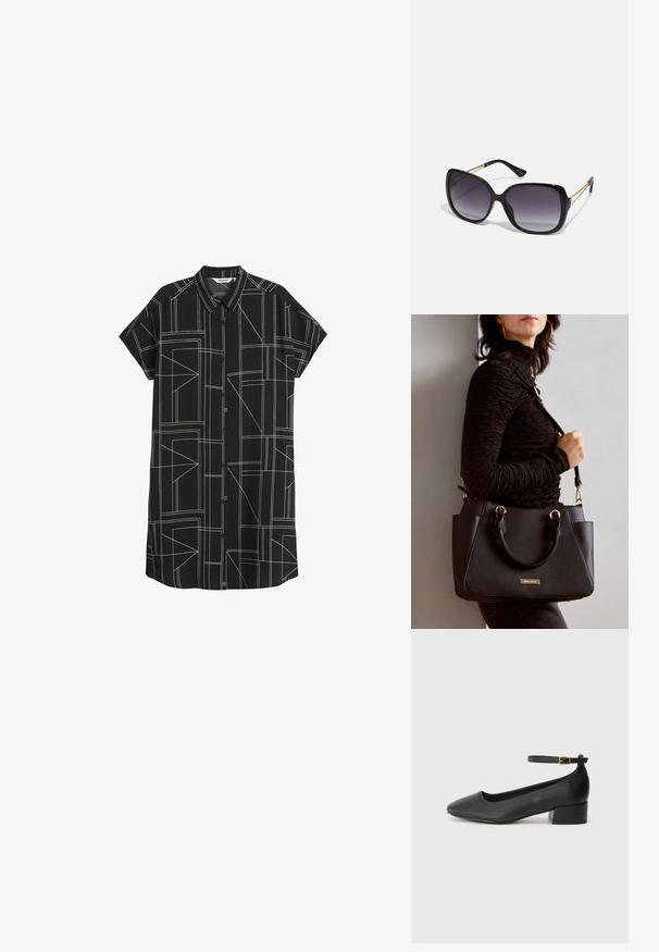Zwart kortemouwen shirtjurk met knopen aan de voorkant. Beschikt over een geometrisch patroon van witte lijnen en een kraag. Lichtgewicht stof.; Zwarte leren pump met een spitse neus en een lage blokhak. Beschikt over een enkelband met een goudkleurige gespsluiting. Gladde textuur.; Zwarte oversized zonnebril met gradient glazen, dikke montuur en gouden kettingdetails op de pootjes.; Zwarte handtas met gestructureerd oppervlak, dubbele bovenhandvatten en verstelbare schouderriem. Voorzien van goudkleurige hardware en zijzakken.