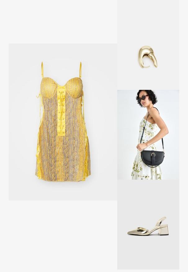 Gul och grå klänning med en figurnära bodice, snörning framtill och sidband. Har ett strukturerat mönster och tunna, justerbara axelremmar.; Guld, metalliska slingback-klackar med spetsig tå och chunky klack. Slät textur, minimalistisk design och en smal rem.; Svart läderhandväska med en böjd form, avtagbar rem och guldiga detaljer. Väskan har ett lock med en spänndetalj.; Örhänge i guldtonad metall med en elegant, böjd design. Har en distinkt spetsig form, polerad yta och gångjärnslås.