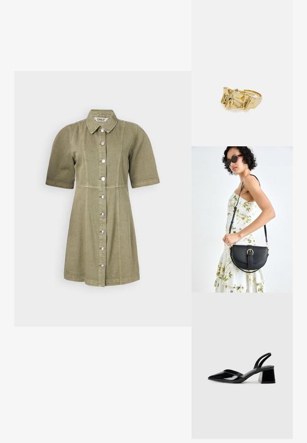 Vestido de mezclilla verde oliva de manga corta con botones en la parte delantera, cuello y costuras verticales. Textura suave y diseño entallado en la cintura.; Zapatos de tacón slingback de charol negro con punta afilada y tacón geométrico en bloque. Presentan un diseño elegante y minimalista, así como una textura suave.; Bolso de piel negra con forma curva, correa desmontable y herrajes dorados. El bolso cuenta con una solapa con un detalle de hebilla.; Anillo de oro con diseño texturizado y ondulado que presenta tres picos prominentes. Superficie lisa y brillante con una banda abierta para un ajuste ajustable.