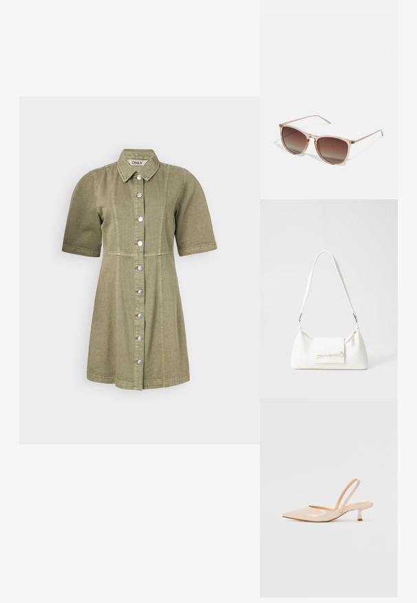 Lühikeste käistega oliivroheline denimpäevik, millel on nööpidega esiosa, krae ja vertikaalne õmblus. Sile tekstuur ja lühikese vöökohtadega disain.; Beežist lakitud nahast slingback kontsad terava nina ja peene ruudukujulise kontsaga. Sile tekstuur ja minimalistlik disain ilma kaunistusteta.; Prunade gradientiga prillid koos poolka sellest roosast raamistikust, ruudukujulised ning õhukeste metallist kätega. Omab ümarate servadega ja minimaalset detailide taset.; Valge sünteetilisest materjalist kott kolmnurkse kujuga, lame esiklapiga ja kaaredetailiga, reguleeritava rihmaga, sileda tekstuuriga ja minimalistliku disainiga.