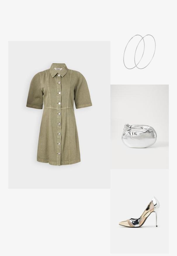 Krátky rukáv, olivovo zelené denimové šaty s gombíkmi vpredu, golierom a vertikálnym prešívaním. Hladká textúra a strih s priliehavým pásom.; Lodičky s špičatou špičkou v striebornom, zlatom a telovom farebnom prevedení. Lesklý povrch s výrezovým dizajnom, s ihlovým opätkom.; Strieborná metalická taška s mäkkým, zaobleným tvarom a uzáverom s uzlíkom. Vyrobená z hladkej syntetickej kože.; Strieborné kruhové náušnice s minimalistickým dizajnom. Cirkulárny tvar, hladký povrch a tenký profil. Ľahké s lesklým povrchom.