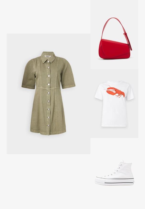 Lühikeste käistega oliivroheline denimpäevik, millel on nööpidega esiosa, krae ja vertikaalne õmblus. Sile tekstuur ja lühikese vöökohtadega disain.; Valge puuvillane T-särk, mille ees on suur erkpunane homaarigraafika. Lühikesed varrukad ja tavaline ümar kaelus.; Valge kõrgem kangast tenniseking, millel on must kummist tald, ees kummist varvasetugi ja kuus aukku paelte jaoks, pakkudes puhta ja minimalistliku disaini.; Punane nahast käekott, millel on nurkadega geomeetriline disain. Omab ühte reguleeritavat rihma ja klappidega sulgemist, millel on õmblustega kaunistused.