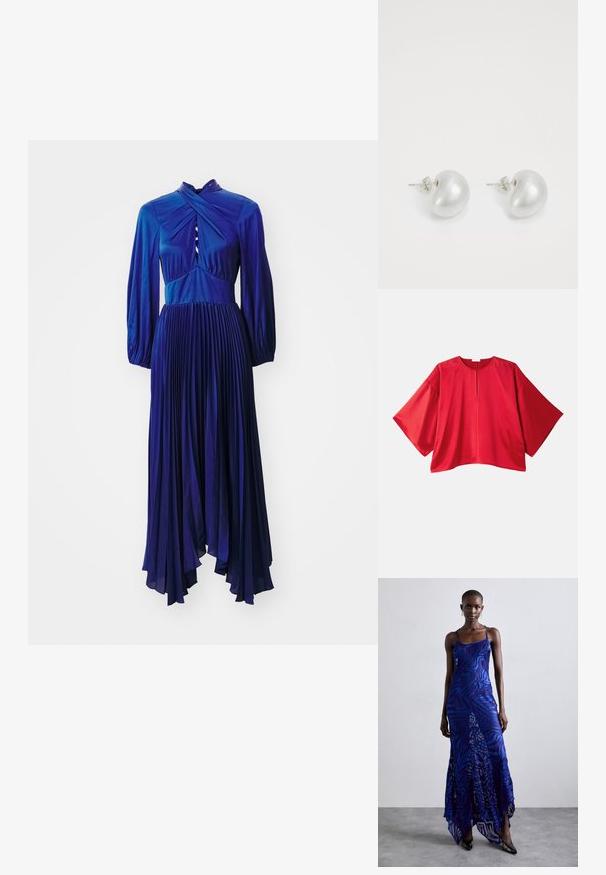 Alice + Olivia Abiti per occasioni speciali - royal; Top corto rosso a maniche corte realizzato in tessuto liscio. Presenta un taglio ampio, scollatura a barca e un dettaglio centrale con una fessura. Design semplice e di colore uniforme.; Abito maxi con stampa animale blu e viola, con spalline sottili, corpetto aderente, orlo svasato e dettagli in overlay trasparente.; Orecchini in perla argentata con forma curva a fagiolo. Superficie liscia e lucida, fissati con chiusura a perno e retro.