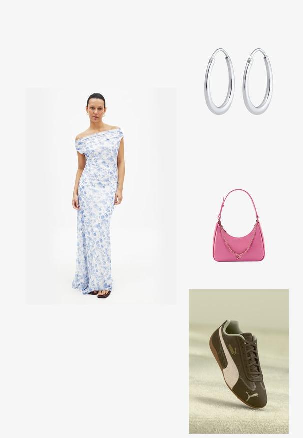 Blåblommig maxiklänning med off-shoulder halsringning och flödande tyg, som har en slät textur och en figursydd silhuett.; Brun Puma-sneaker med beige rand och logotyp, snörad, vilande på en texturerad beige yta.; Rosa syntetisk axelväska med en böjd form, slät yta, avtagbar kedjesnodd och en cirkulär logotypdetalj på framsidan.; Silverhänge med en slät, polerad yta. Har en unik oval form och en säker låsdesign. Märkt "925" för sterlingsilver.