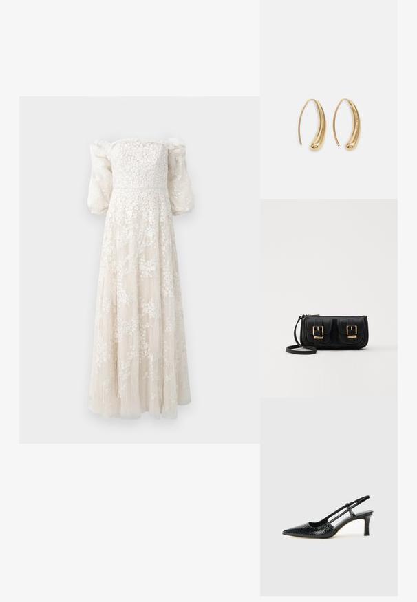 Kremla krāsas svārki bez plekiem ar strukturētu ziedu izšuvumu, pūkainām piedurknēm un plūstošu svārku, kas sasniedz grīdu.; Melna patent āda ar slīdošo papēdi un smailo purngalu, ar teksturētu čūsku drukājumu, regulējamu siksniņu un īsu teksturētu blokpapēdi.; Melnas ādas crossbody soma ar divām priekšējām kabatām, zelta sprādzēm, ar rāvējslēdzēju aizdari un šauru siksnu. Strukturēta virsma un kompakta taisnstūra forma.; Zelta toņu metāla gredzena auskari ar izliektu, pagarinātu formu. Ar gludu, spīdīgu virsma un noapaļotu galu papildu detaļām.