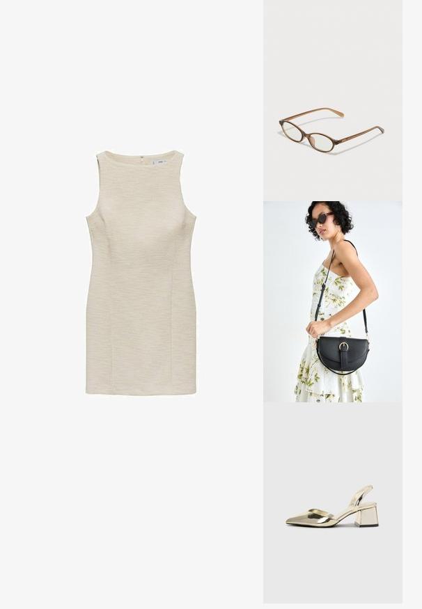 Krátké bezramínkové šaty ve světle krémové barvě, texturovaná tkanina, přiléhavý střih a rovný řez. Obsahuje zip na zádech pro zavírání.; Kovové zlaté pantofle na podpatku s špičatou špičkou a masivním podpatkem. Hladký povrch, minimalisticý design a úzký pásek.; Hnědé želvovinové brýle s oválnými skly, tenkými bočními nohami a průhlednými akcenty. Obsahují decentní logo na stranu. Elegantní, lehký design.; Černá kožená kabelka s křivkovým tvarem, odnímatelným popruhem a zlatými detaily. Kabelka má klopu s přezkou.