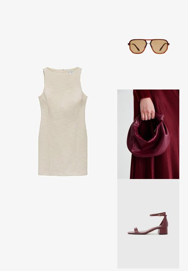 Kratka haljina bez rukava u svijetloj krem boji, teksturiranog materijala, priljubljenog kroja i ravnog kroja. Uključuje zatvaranje na leđima s patentnim zatvaračem.; Burgundska kožna sandala sa četvrtastim prstom, tankim kaišem oko zapešća, zlatnim dodacima i debelim blok petom. Glatka tekstura i minimalistički dizajn.; Smeđe osmerokutne naočale za sunce s prozirnim jantarno smešanim okvirom i smešanim lećama. Sadrže metalni detalj na nosu i vitke tempere.; Bordo kožni ruksač s mekim, naboranim dizajnom i zaobljenim oblikom. Ručka je sigurno pričvršćena, pokazujući glatku teksturu.