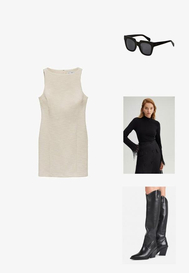 Kortshelløs kjole i lys cremefarve, tekstureret stof, tætsiddende form og lige snit. Inkluderer en lynlås i ryggen til lukning.; Sort langærmet top med høj hals og fjerprydede manchetter, parret med en højlysta sort nederdel med store knapper.; Sorte læder støvler til knæene med spids tå, buet skaft og kraftig hæl. Har en glat tekstur og trækflapper øverst.; Sorte rektangulære solbriller med tykke plastiskrammer og mørke linser. Bøjlerne er slanke med en blank finish og minimal branding.; Sort læderhåndtaske med et buet design, guldfarvet hardware og en øverste håndtag. Har en strømlinet lukning og en glat tekstur.