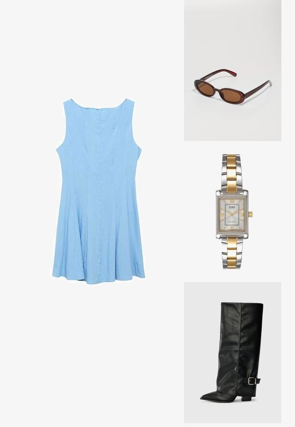 Světle modré bezramínkové šaty s dobře padnoucím vrškem a rozšířenou sukňou. Vyrobené z hladké látky, s centrálním zadním zipem a vertikálními švy.; Černé kožené kotníkové boty až po kotníky s špičatou špičkou, hladkým povrchem a stříbrnou sponou na boku. Masivní čtveritý podpatek.; Kulaté sluneční brýle hnědé barvy s lesklým burgundským rámem. Úzké nožičky s jemným logem. Rovné čočky.; Casio kvartzové hodinky s obdélníkovým stříbrným ciferníkem, zlatými akcenty a dvoubarevným kovovým náramkem ve stříbrné a zlaté barvě. Voděodolné.