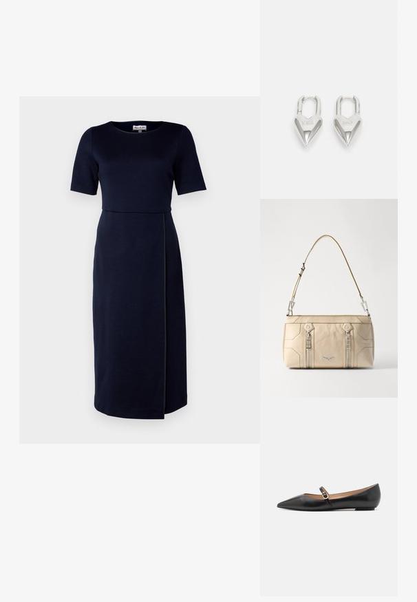 Tamsiai mėlyna suknelė su apvaliu iškirpimu, trumpomis rankovėmis ir lieknu siluetu. Savybės - šoninė pragrindinė ir kontrastinga apdaila aplink siūlę.; Juodos odinės baleto bateliai su smailiu pirštu ir šoniniu dirželiu, papuoštu apvaliu auksiniu akcentu. Lengvi su plokščiu padu.; Smėlio spalvos odinė rankinė su sidabriniais aksesuarais, dviem šoninėmis užtrauktukais, struktūruota dizaino forma ir nuimama petneša, suteikianti universalumą.; Sidabrinės širdelės formos užraktai su išgraviruotais žodžiais "TAIP" ir "NE", poliruotas paviršius, simetriškas dizainas ir tvirtas metalinis užraktas.
