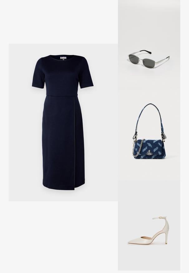 Tengerészkék ruha kerek nyakkivágással, rövid ujjakkal és karcsú szabással. Oldalsó hasítékkal és kontrasztos díszítéssel a varráson.; Fehér bőr, magassarkú cipő hegyes orral, bokapánttal és vékony tűs sarkal. Simaszövet, finom fényes felülettel.; Szürke lencséjű napszemüveg, vékony ezüst fém kerettel, átlátszó díszítésekkel és fekete végű szárakkal. Ovális formájú.; Sötétkék textil bevásárlótáska texturált mintával, ezüst hardware-ral és leválasztható láncos pánttal. Füllel zárható, logóval díszítve.