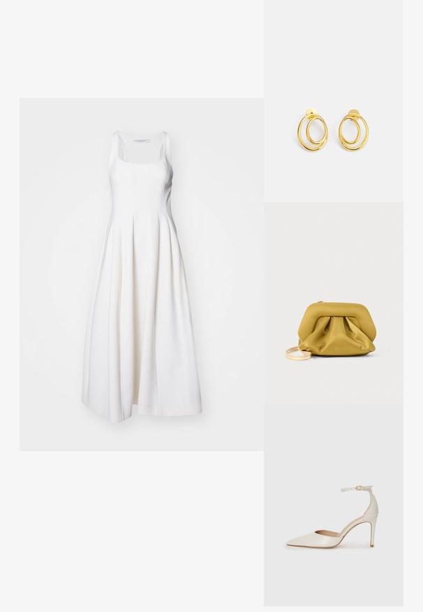 Philosophy di Lorenzo Serafini ABITO - Koktélruha / Partiruha - avorio; Fehér bőr, magassarkú cipő hegyes orral, bokapánttal és vékony tűs sarkal. Simaszövet, finom fényes felülettel.; Sárga, puha tapintású clutch táska kialakított felső résszel, ráncolt aljjal és vékony, levehető pánttal. Cipzáras zárás a tetején.; Arany színű karika fülbevalók, amelyek két összefonódott kör alakú formából állnak, sima felülettel és biztos záródást biztosító stift hátlappal.