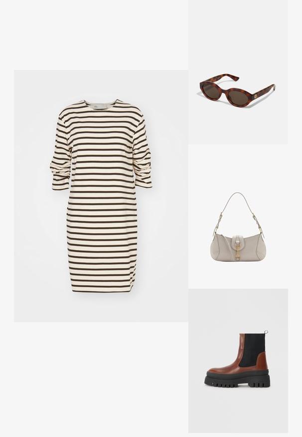 Prúhované šaty v krémovej a hnedej farbe, so zaobleným výstrihom a trojštvrťovými rukávmi s naťahovacím detailom na manžetách.; Hnedé kožené členkové čižmy s čiernymi elastickými panelmi, robustnou čiernou gumovou podrážkou a pútkom na zadnej strane pre jednoduché obúvanie.; Žlté slnečné okuliare s okrúhlymi rámami, tmavými sklami a zlatými logovými detailmi na straniciach. Hladký plastový materiál, bez viditeľných vzorov.; Svetlo šedá kožená kabelka s zakriveným tvarom, zlatými kovovými prvkami, predným zapínaním a prešitými detailmi. Súčasťou je nastaviteľný ramenný popruh.