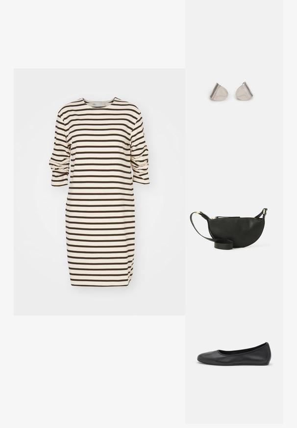 Kreemjas ja pruunis triibuline kleit, millel on ümmargune kaelus ja kolmveerandvarrukad, mille mansetil on koondumisdetail.; Musthave mustika tantsutossud mustast nahast, ümmarguse varbaga, siledast tekstuurist, minimaalse õmblusdetailiga ja paindliku tallakujundusega.; Mustmust kott poolkuu kuju, tekstuurse pinnaga, kuldne tõmblukk ja lame rihm. Kompaktne disain, mis sobib igapäevaste essementide jaoks.; Hõbedased metallkõrvarõngad sujuva pisarakuju ja poleeritud viimistlusega. Diskreetne graveering lisab detaile. Minimalistlik disain.