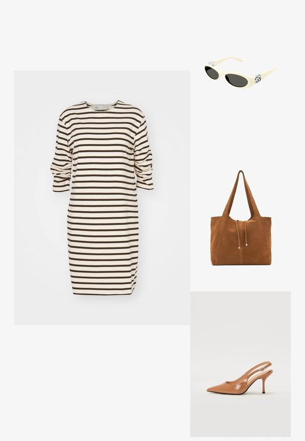 Pruhované šaty v krémové a hnědé barvě, s kulatým výstřihem a tříčtvrtečními rukávy se ztažením na manžetách.; Sandy poprsko s úzkým podpatkem v hladkém, lesklém odstínu tan. Obsahuje zakřivený design s výřezem a štíhlý jehlový podpatek. Detail se stříbrnou sponou.; Námořnické sluneční brýle krémové barvy s oválnými skly, černým zabarvením a kovovými logovými akcenty na spáncích. Hladký povrch, design ve stylu kočičích očí.; Hnědá semišová taška s dvěma dlouhými popruhy, stahovací šňůrkou a minimalistickým designem. Hladký povrch a žádné viditelné kovové akcenty.