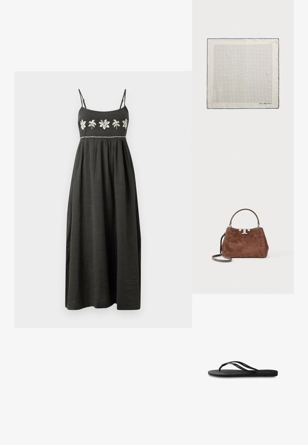 Maxi dress in dark gray with adjustable spaghetti straps, embroidered floral design in white, and a gathered waist for a flowy silhouette.; Black flip-flop featuring a textured rubber sole, two slender straps, and a subtle, embossed logo detail on the strap.; Silk scarf in cream with a navy border, featuring evenly spaced navy dots forming a pattern. Signature printed in the corner.; Brown suede handbag with a structured shape, silver logo hardware, short handle, and a detachable shoulder strap. Smooth texture, minimalist design.