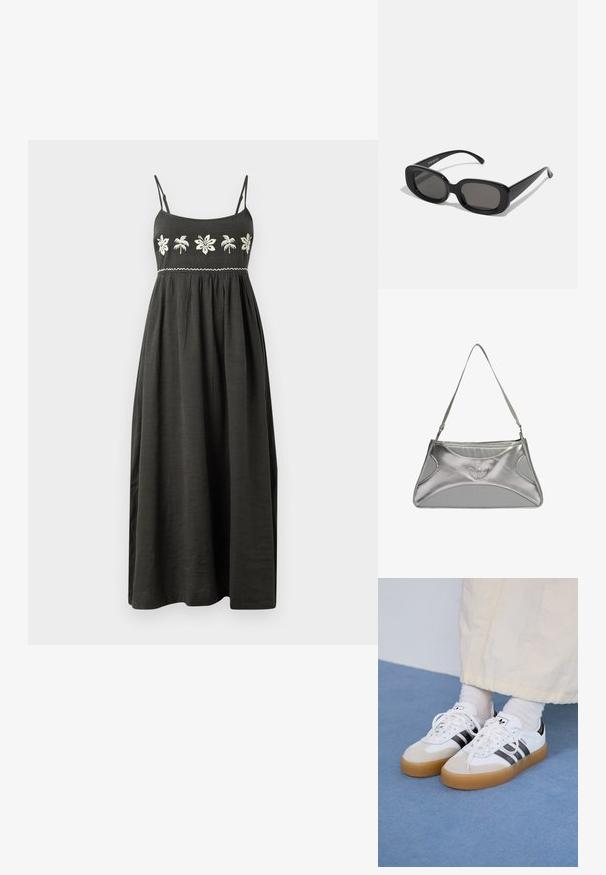 Maxikleid in Dunkelgrau mit verstellbaren Spaghetti-Trägern, besticktem Blumenmuster in Weiß und einer gerafften Taille für eine luftige Silhouette.; Weiße Sneaker mit schwarzen Streifen und beigen Wildlederakzenten. Besitzen eine strukturierte Gummisohle und flache weiße Schnürsenkel, getragen mit hellen Socken.; Schwarze rechteckige Sonnenbrillen mit dunklen Gläsern. Dicke Kunststofffassung, glatte Oberfläche und abgerundete Kanten. Modische Bügel verjüngen sich nach außen.; Silberne metallische Handtasche mit einem schlanken, strukturierten Design, das einen strukturierten Körper, einen Schultergurt und ein geprägtes Logo-Detail aufweist.