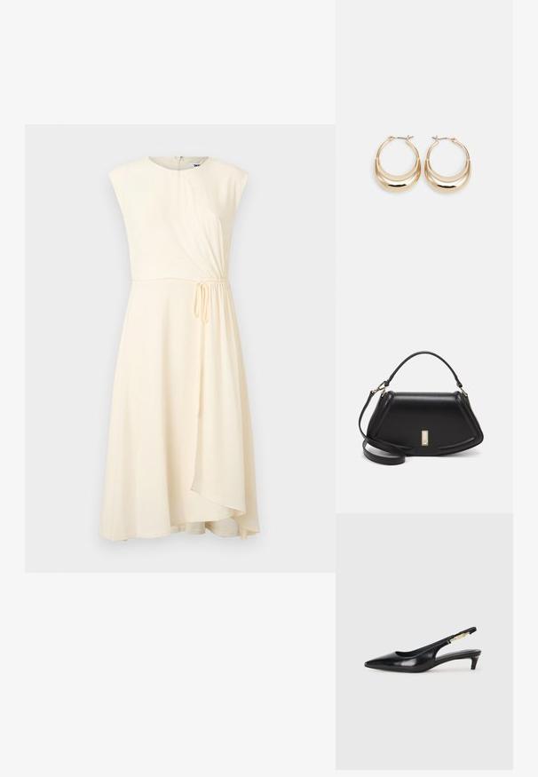 Cremefarbenes Kleid mit figurbetontem Oberteil, Cap-Ärmeln und einer gerafften Seitendetails. Glatte Textur, knielanger Saum und Reißverschluss auf der Rückseite.; Schwarze Leder-Slingback-Pumps mit spitzem Schuhblatt, ausgestattet mit einem schlanken Absatz und einem goldfarbigen Akzent am verstellbaren Riemen. Glatte Textur.; Schwarze Lederhandtasche mit einem strukturierten Design, das eine verkürzte Form, einen oberen Griff und goldfarbene Hardware-Details aufweist. Verstellbarer Schulterriemen ist enthalten.; Goldfarbene Creolen mit einer Halbmondform, polierter Oberfläche und Scharnierverschluss. Die glatte Textur und der reflektierende Finish verbessern die Sichtbarkeit.