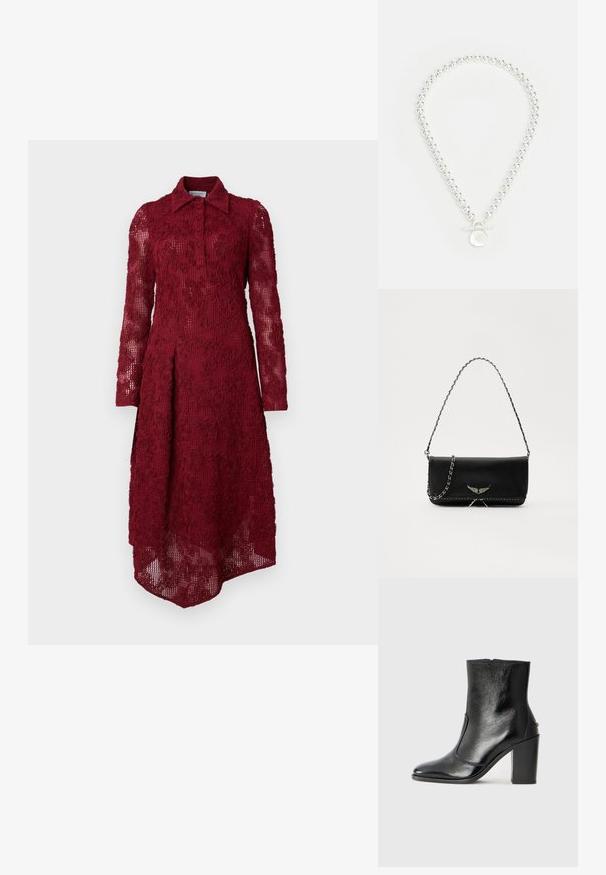 Vestido cor burgundy com um design texturizado e semelhante a renda; possui colarinho, fecho com botões e mangas longas. A barra é assimétrica.; Bota ankle preta em pele com uma textura suave, bico fino e um salto alto robusto. Apresenta uma abertura lateral e um design minimalista.; Saco de couro preto com uma alça de corrente prateada, apresentando ornamentos em forma de asas e costura branca ao longo da costura inferior.; Lauren Ralph Lauren NK 17" BEADED LOGO COLLAR /TGGLE - Colar - silver-coloured