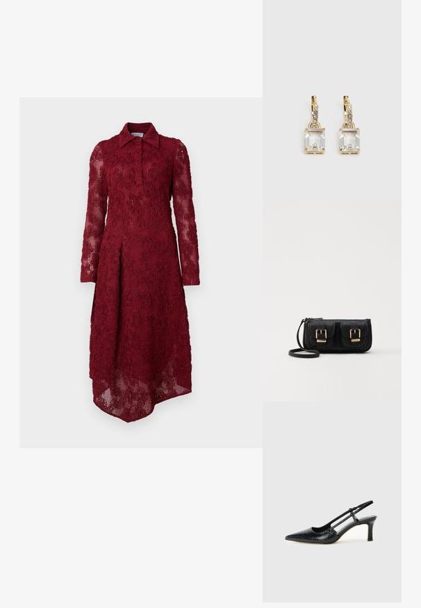 Burgundijska obleka z teksturirano, čipkastimi vzorci; ima ovratnik, gumbasto zapiranje ter dolge rokave. Rob je asimetričen.; Črne lakaste slingback pete s koničastim nosom, ki imajo teksturiran vzorec kačje kože, nastavljiv trak in kratek teksturiran blok peto.; Črna usnjena torbica čez ramo z dvema sprednjima žepoma, zlatimi zaponkami, zadrgo in ozkim pasom. Tekstura površine je strukturirana, obliko pa ima kompaktno pravokotno.; Zlato obarvani uhani, ki vsebujejo pravokoten, prozoren kristal, obešen pod vrsto majhnih, okroglih prozornih dodatkov. Elegantna, moderna zasnova.