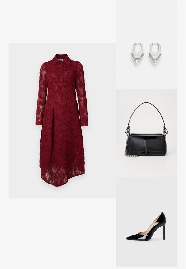 Bordo suknelė su tekstūriniu, nėriniuotu dizainu; turi apykaklę, mygtukų užsegimą ir ilgomis rankovėmis. Hemas yra asimetriškas.; Juodas lakinės odos aukštakulnis batelis su smailiu priekiu ir elegantiška siluetu. Pasižymi lygiu, blizgiu paviršiumi ir siauru stiletto kulnu.; Juodas lakinės odos rankinės ilgis stačiakampis, su grandinėlės dirželiu ir išskirtiniu metaliniu akcentu centre. Lygus paviršius.; Sidabrinės širdelės formos užraktai su išgraviruotais žodžiais "TAIP" ir "NE", poliruotas paviršius, simetriškas dizainas ir tvirtas metalinis užraktas.