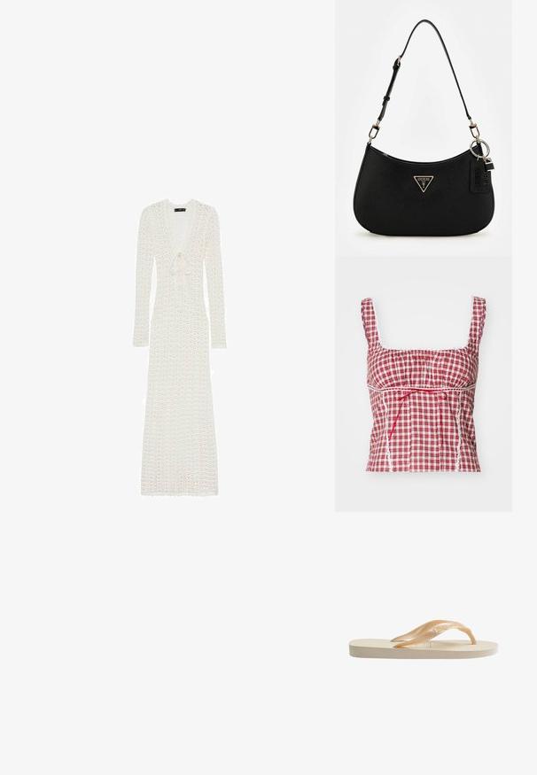 Mango JANE - Maxi šaty - off-white; Červenobílý kostkovaný top s čtvercovým výstřihem, rozšířeným stylem, nastavitelným červeným vázáním a bílými krajkovými detaily podél okrajů.; Béžové žabky s texturovanou stélkou, mírně zvýšenou podrážkou a průhlednými pásky s jemným embosovaným logem.; Černá syntetická taška přes rameno s zakřivenou siluetou, strukturovaným povrchem, zlatým trojúhelníkovým logem a odnímatelnými kovovými akcenty.