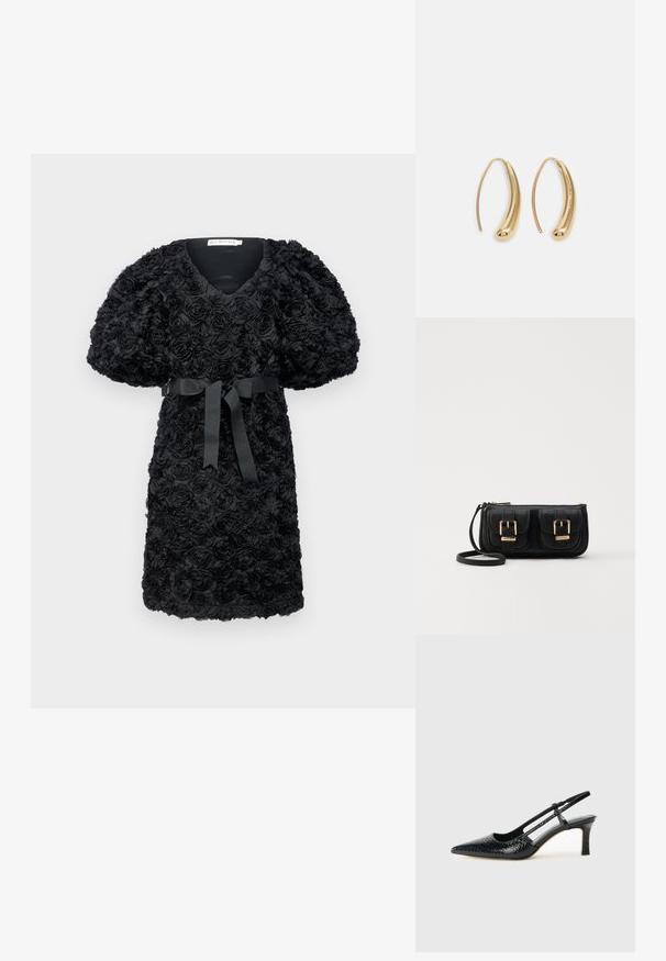 Fekete ruha texturált, háromdimenziós rózsa applikkal, rövid puff ujjakkal, V-kivágással és derékmegkötővel.; Fekete lakk slingback sarok, hegyes orral, texturált kígyómintával, állítható pánttal és rövid, texturált tömbsarkal.; Fekete bőr keresztbody táska két elülső zsebbel, arany csattokkal, cipzáras záródással és vékony pánttal. Textúrált felület és kompakt téglalap alak.; Aranyszínű fémből készült karika fülbevalók ívelt, hosszúkás formával. Simaságával és fényes felületével, valamint lekerekített végével további részletekkel bővül.