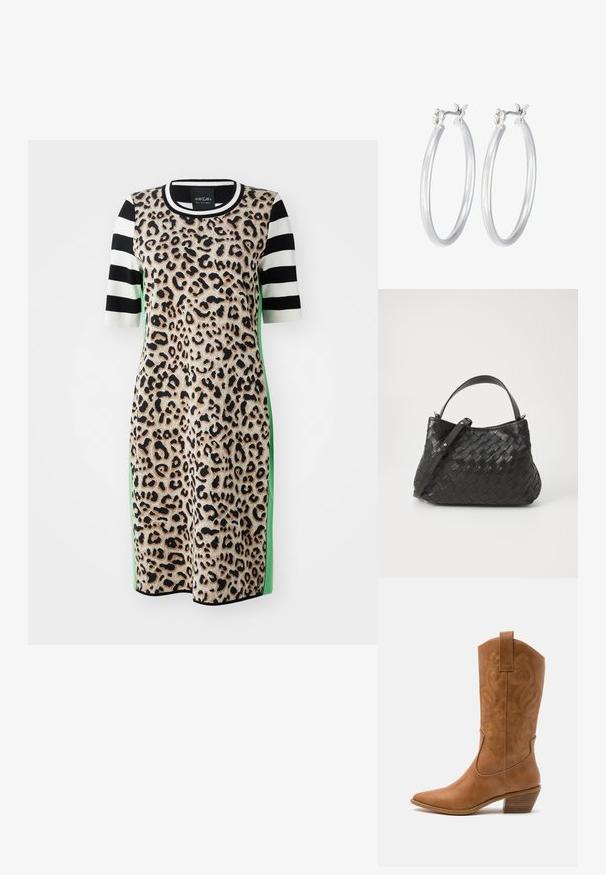 Panterprint jurk met korte, gestreepte mouwen in zwart en wit, met groene zijaccenten en een ronde halslijn. Zachte, gestructureerde stof.; Tan leren cowboylaars met puntige neus, geborduurde spiraalpatronen op de schacht en een gestapelde blokhak. Voorzien van een trekband voor gemakkelijke aan- en uittrekken.; Zwarte geweven leren handtas met een ronde vorm, voorzien van een handvat en een afneembare schouderriem. Gladde textuur en subtiele stiksels.; Zilveren oorbellen in de vorm van een gladde, gepolijste ring. Ronde vorm met een veilige kliksluiting. Lichtgewicht ontwerp, geschikt voor dagelijks gebruik.