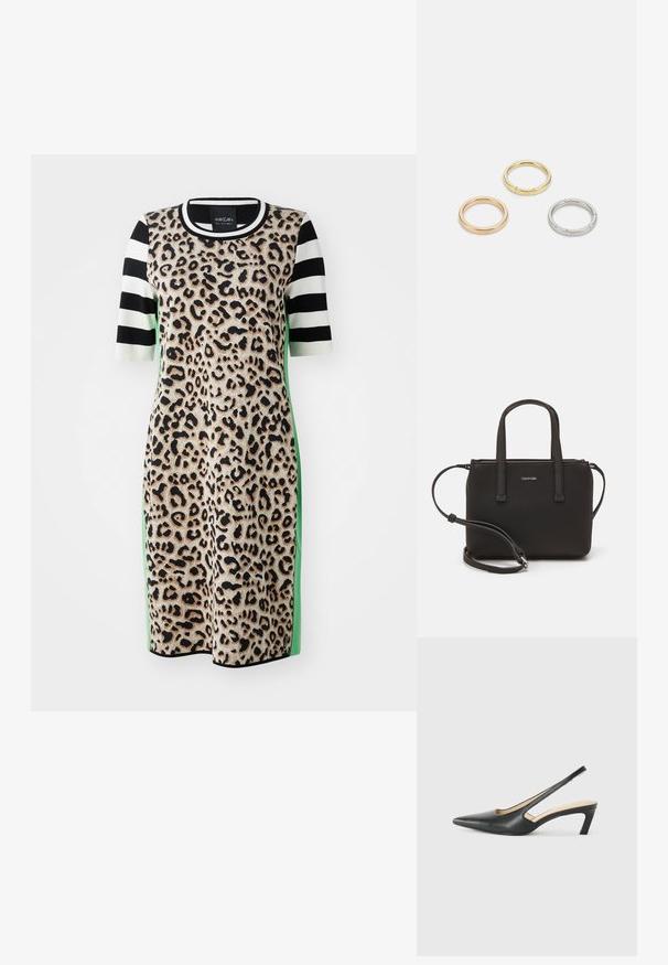 Leopard print dress with short, striped sleeves in black and white, featuring green side accents and a round neckline. Soft, textured fabric.; Black pointy-toed slingback shoe with a low heel, featuring smooth leather material and cut-out design on the side for breathability.; Black handbag with dual short handles and a removable shoulder strap. Smooth leather-like material with a zip closure and logo detail.; Three metal rings: one rose gold, one gold with textured accents, and one silver, all with engraved branding on the inner band.