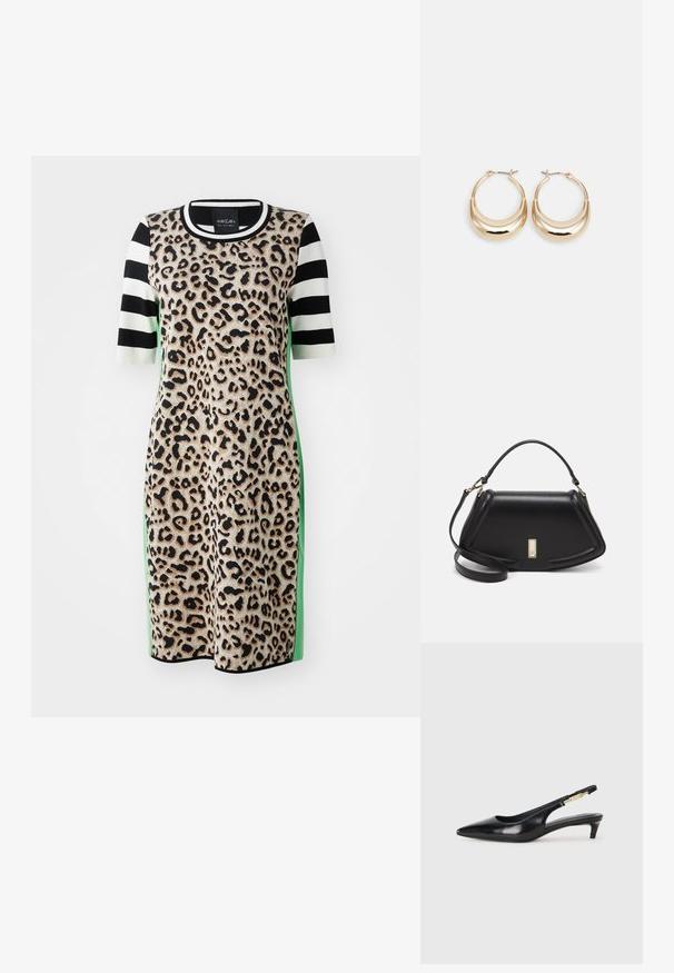 Leopardi-kuosiset mekko, jossa on lyhyet raidalliset hihat mustana ja valkoisena, vihreät sivuaksentit ja pyöreä kaula-aukko. Pehmeä, teksturoitu kangas.; Mustat nahkaiset slingback-korkokengät, joissa on terävä kärki, ohuet korot ja kultasävytteinen yksityiskohta säädettävässä hihnassa. Silkkinen pinta.; Mustalla nahkalaukulla, jossa on jämäkkä muotoilu, lyhyt malli, yläkahva ja kultaiset yksityiskohdat. Säädettävä olkahihna sisältyy.; Kulta-toned korvakorut, joissa on puolikuun muoto, kiillotettu pinta ja sarana-closure. Sujuva rakenne ja heijastava pinta parantavat näkyvyyttä.